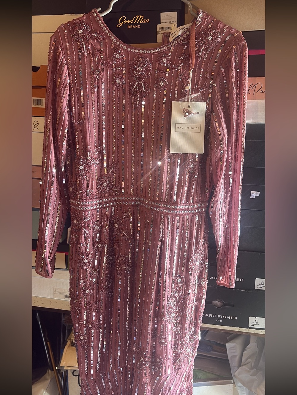 Mac Duggal Dusty Rose Sequined Long Sleeve Sheath Dress